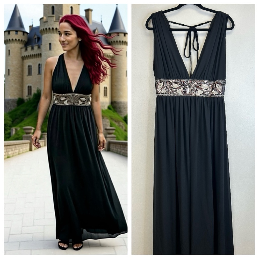 Halter Maxi Dress Deep V-neck Sequins Goth Witchy Vampire Prom Wedding Size M